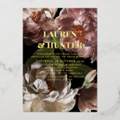 濃モダン色ムーディピンクボ結婚タニカル金ゴールド 箔招待状 (正面)