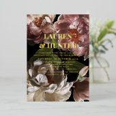 濃モダン色ムーディピンクボ結婚タニカル金ゴールド 箔招待状 (立ち正面)