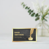 濃灰色木金箔インクウェルフェザーキルペン 名刺 (スタンド正面)