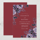 濃紅色と紫の葉の結婚式 招待状 (正面/裏面)
