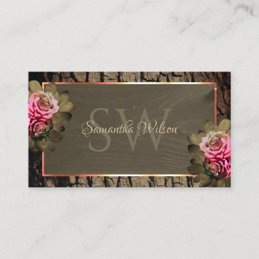 濃素朴褐色の木目のローズモノグラム 名刺 (正面)