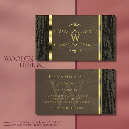 濃素朴褐色の樹皮金ゴールドモノグラ縁どム 名刺