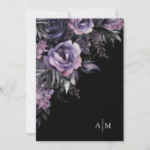 濃紫色の花を飾った黒いウェディングドレス 招待状 (裏面)