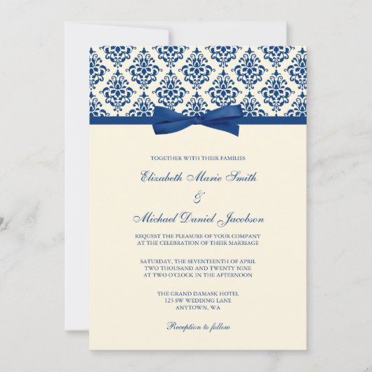 濃紺およびアイボリーのダマスク織の弓結婚式 招待状 (正面)