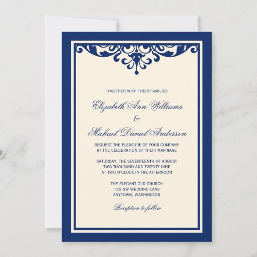 濃紺およびアイボリーの華麗さの結婚式招待状 招待状 (正面)