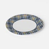 濃紺およびイエロー・ゴールドのスポーティな格子縞のボーダー ペーパープレート (アングル)