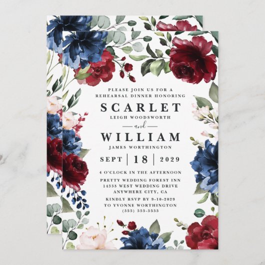 濃紺およびバーガンディの赤面のピンクのリハーサルの夕食 招待状 (正面/裏面)