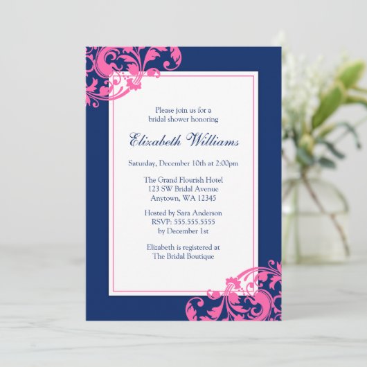 濃紺およびピンクの華麗さの渦巻のブライダルシャワー 招待状 (スタンド正面)
