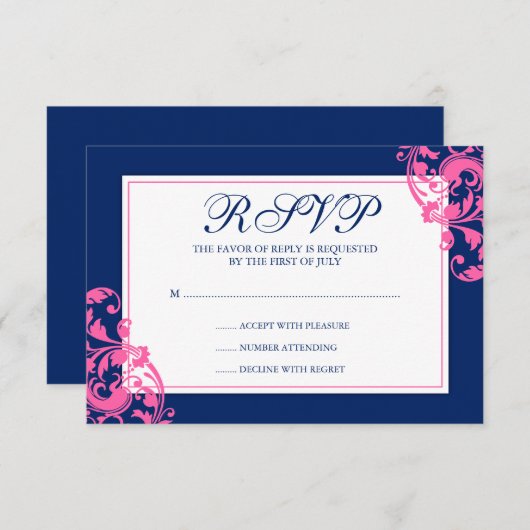濃紺およびピンクの華麗さの渦巻の応答カード 出欠カード (正面/裏面)