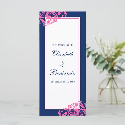 濃紺およびピンクの華麗さの渦巻の結婚式プログラム プログラム (スタンド正面)