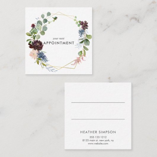 濃紺および幾何学的なバーガンディの花 予約カード (正面/裏面)