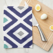 濃紺および灰色のイカットのダイヤモンドパターン キッチンタオル (四つ折り)