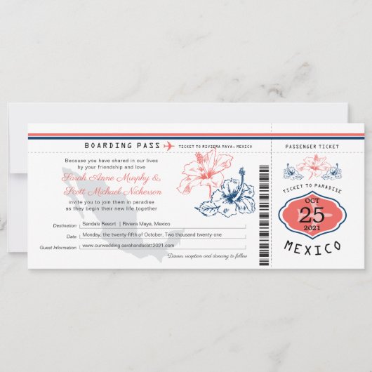 濃紺および珊瑚のメキシコの搭乗券の結婚式 招待状 (正面)
