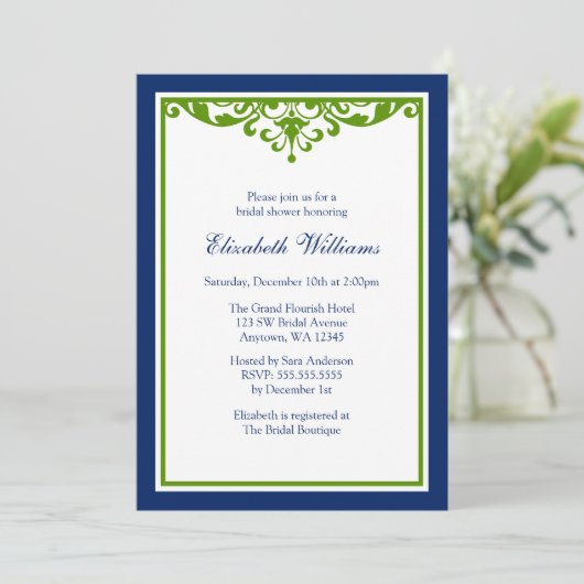 濃紺および緑の華麗さのブライダルシャワー 招待状 (スタンド正面)