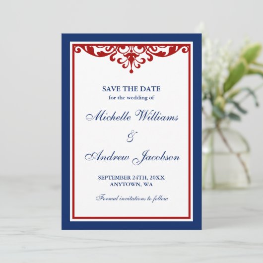 濃紺および赤い華麗さの結婚式は日付を救います セーブザデート (スタンド正面)