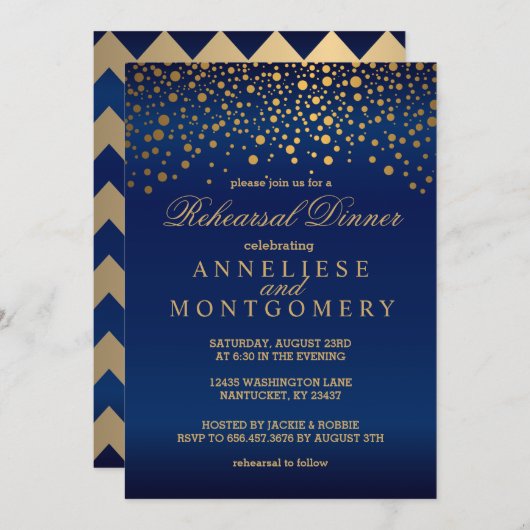 濃紺および金ゴールドの紙吹雪のリハーサルの夕食 招待状 (正面/裏面)