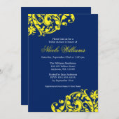 濃紺および黄色の渦巻の華麗さのブライダルシャワー 招待状 (正面/裏面)