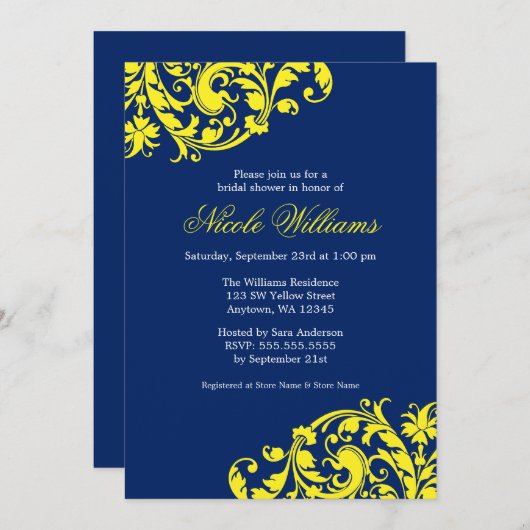 濃紺および黄色の渦巻の華麗さのブライダルシャワー 招待状 (正面/裏面)