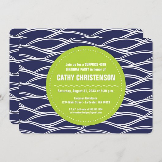 濃紺とのライムグリーンは誕生日を振ります 招待状 (正面/裏面)