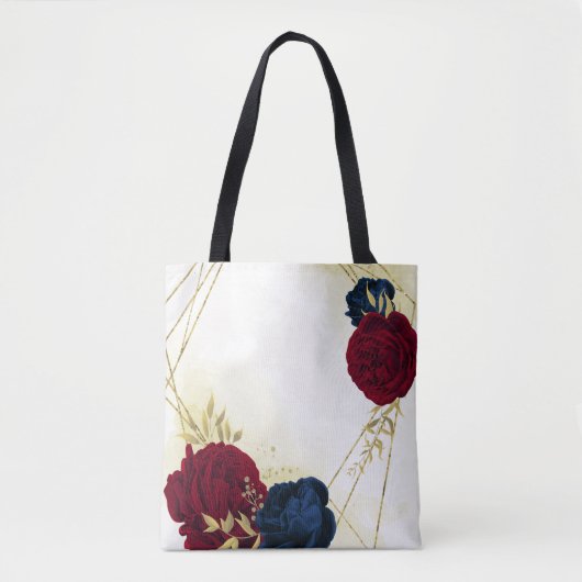 濃紺と赤の花に金の葉 トートバッグ (正面)
