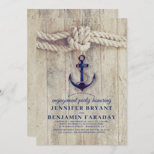 濃紺のいかりの素朴で航海のな婚約パーティ 招待状 (正面/裏面)