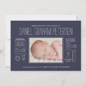 濃紺のインフォグラフィックの誕生の発表 案内状 (正面)