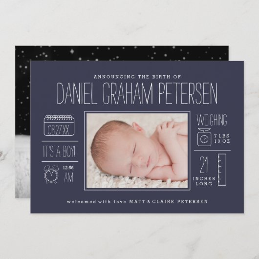 濃紺のインフォグラフィックの誕生の発表 案内状 (正面/裏面)