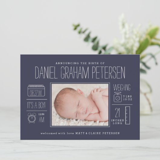 濃紺のインフォグラフィックの誕生の発表 案内状 (スタンド正面)