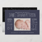 濃紺のインフォグラフィックの誕生の発表 案内状 (正面/裏面)