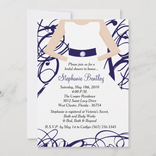 濃紺のウェディングドレスのブライダルシャワーの招待状 招待状 (正面)