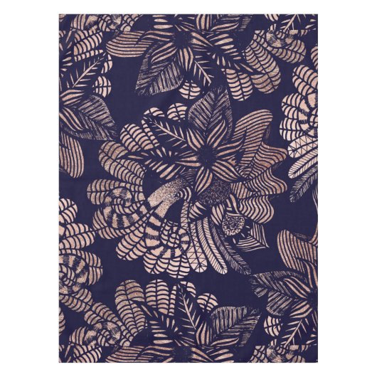 濃紺のエレガントなばら色の金ゴールドの花のスケッチ テーブルクロス (正面)