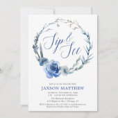 濃紺のエレガントな花の水彩画をすすり、見て下さい 招待状 (正面)