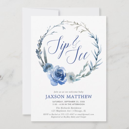 濃紺のエレガントな花の水彩画をすすり、見て下さい 招待状 (正面)