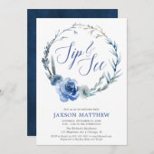 濃紺のエレガントな花の水彩画をすすり、見て下さい 招待状 (正面/裏面)