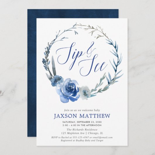 濃紺のエレガントな花の水彩画をすすり、見て下さい 招待状 (正面/裏面)