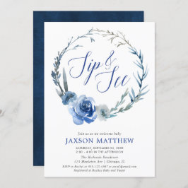 濃紺のエレガントな花の水彩画をすすり、見て下さい 招待状