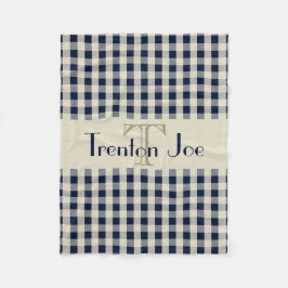 濃紺のカーキ色の点検パターンモノグラムの名前の男の子 フリースブランケット