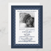 濃紺のギンガムによっては写真の誕生の発表が夢を見ます 案内状 (正面/裏面)