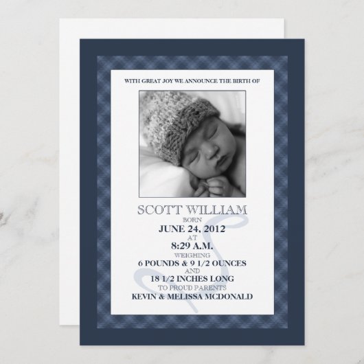 濃紺のギンガムによっては写真の誕生の発表が夢を見ます 案内状 (正面/裏面)