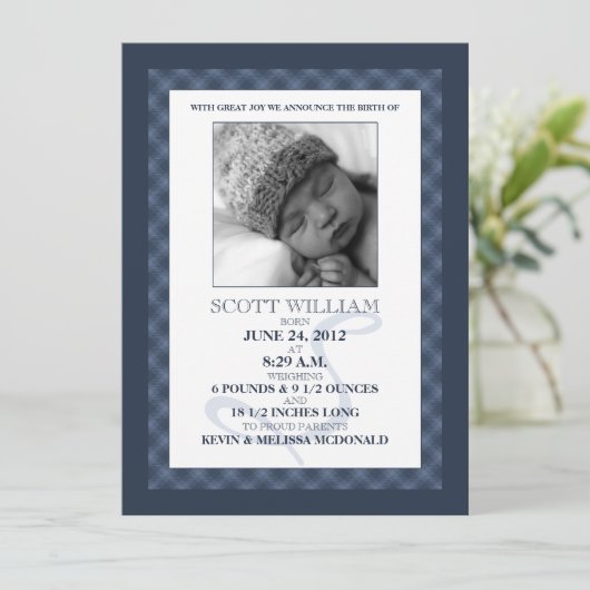 濃紺のギンガムによっては写真の誕生の発表が夢を見ます 案内状 (スタンド正面)