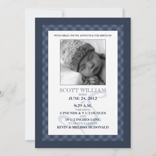 濃紺のギンガムによっては写真の誕生の発表が夢を見ます 案内状 (正面)