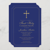 濃紺のクリスチャンが付いている最初聖餐の金ゴールドの十字 招待状 (正面/裏面)