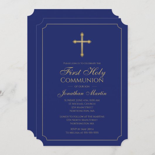 濃紺のクリスチャンが付いている最初聖餐の金ゴールドの十字 招待状 (正面/裏面)