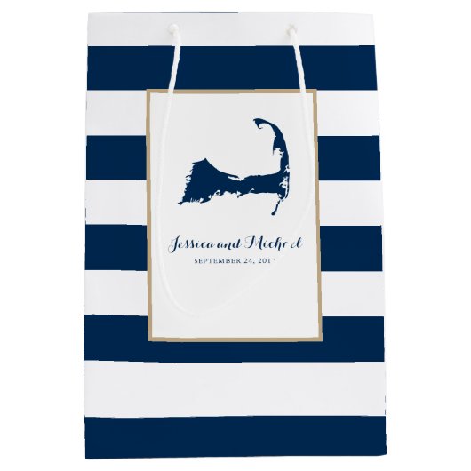 濃紺のケープコッドの地図は縞で飾り、 ミディアムペーパーバッグ (正面)