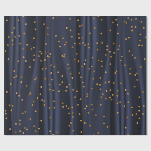 濃紺のサテンの金ゴールドの紙吹雪の水玉模様 ラッピングペーパー (フラット)