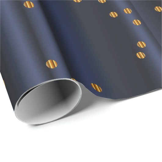 濃紺のサテンの金ゴールドの紙吹雪の水玉模様 ラッピングペーパー (ロールコーナー)