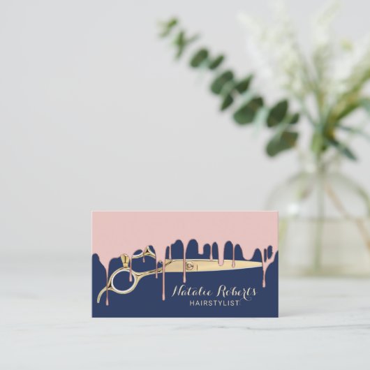 濃紺のサロンを滴らせる美容師のばら色の金ゴールド 名刺 (スタンド正面)