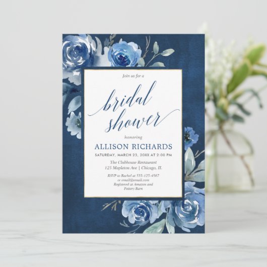 濃紺のシャクヤクの花の水彩画のブライダルシャワー 招待状 (スタンド正面)