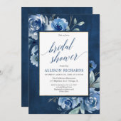 濃紺のシャクヤクの花の水彩画のブライダルシャワー 招待状 (正面/裏面)