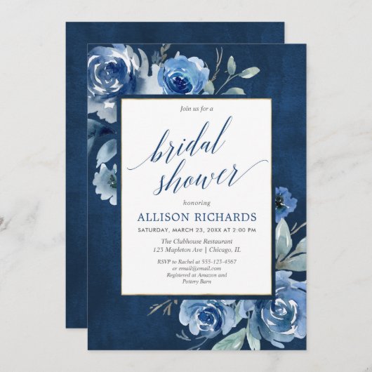 濃紺のシャクヤクの花の水彩画のブライダルシャワー 招待状 (正面/裏面)